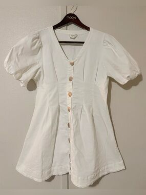 Hyacinth House white denim Emelia button up v neck mini dress by xxl